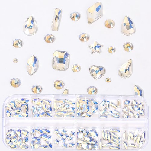 HNUIX Nail Rhinestones - 3D Multi Shape Size, Crystal Blue Moonlight Nail Gems, Flat Back, with Kit, for Nail Art, DIY Decorations