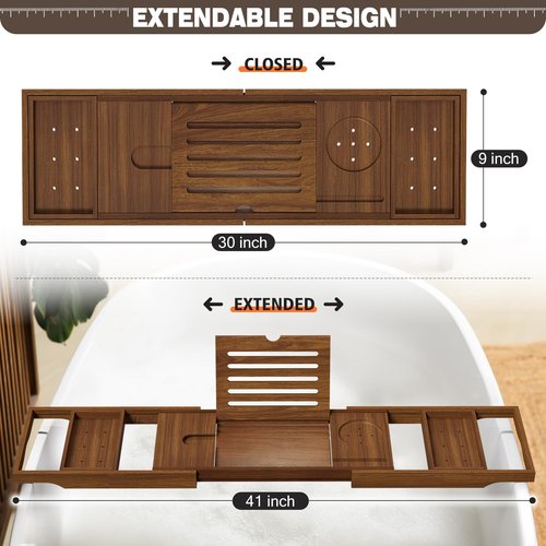 Kiasthome Teak Bathtub Caddy, Expandable Bath Tray, Non‑Slip Luxury Tub Caddy with Wine Phone Tablet Holder, Wooden Bath Accessory for Home Spa and Gift