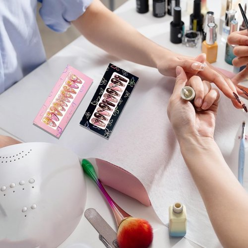 HLQHXWHZT 71 Pcs Empty Press on Nails Packaging Box 35 Pcs White Background Papers and 1 Double Sided Tape, Empty Nail Package Box Set for Press on Nail Business (Black)…