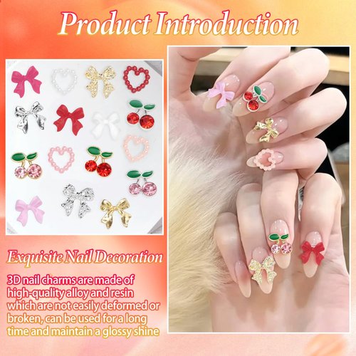 Pink 3D Nail Gems Charms Y2K, Silver Gold Cherry Bow Nail Charms, Heart Bowknot Nails Art Charms, Red White Pink Nail Bow Charms for Nail Art Design DIY with Tweezers