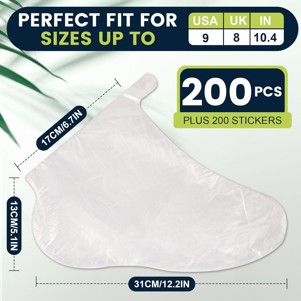 TEAWOO Plastic Foot Covers - Leak-Proof Moisturizing Foot Masks for Pedicure Care | 200PCS with Stickers (Fits Up to USA 9)