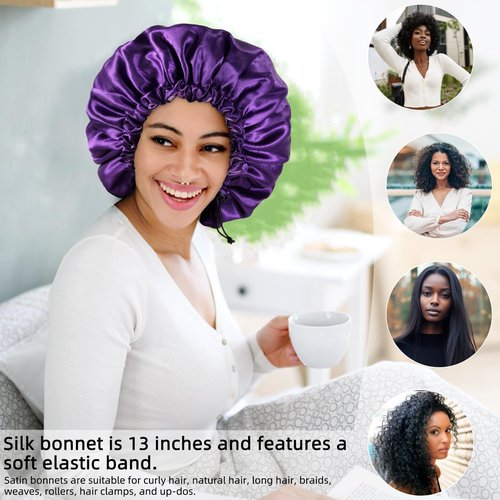 Satin Bonnet Silk Bonnet for Curly Hair Bonnet Braid Bonnet for Sleeping Bonnets for Women Large Double-Layer Adjustable Purple