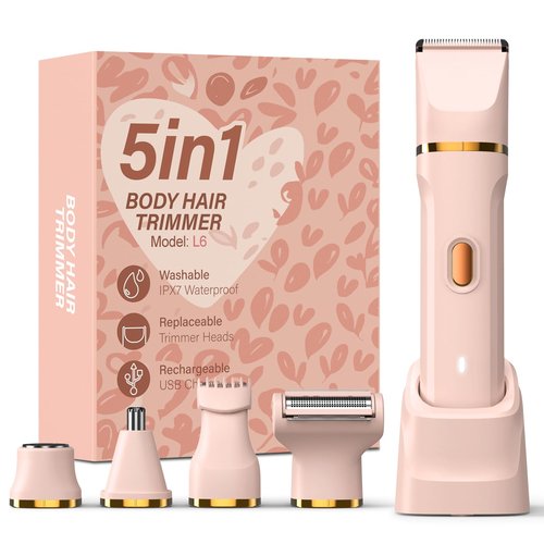 HOHOLE 5-in-1 Bikini Trimmer for Women, IPX7 Waterproof Electric Razors Shaver, Cordless Body Hair Trimmer, Facial & Pubic Hair Removal, Ceramic Blade (Blush)