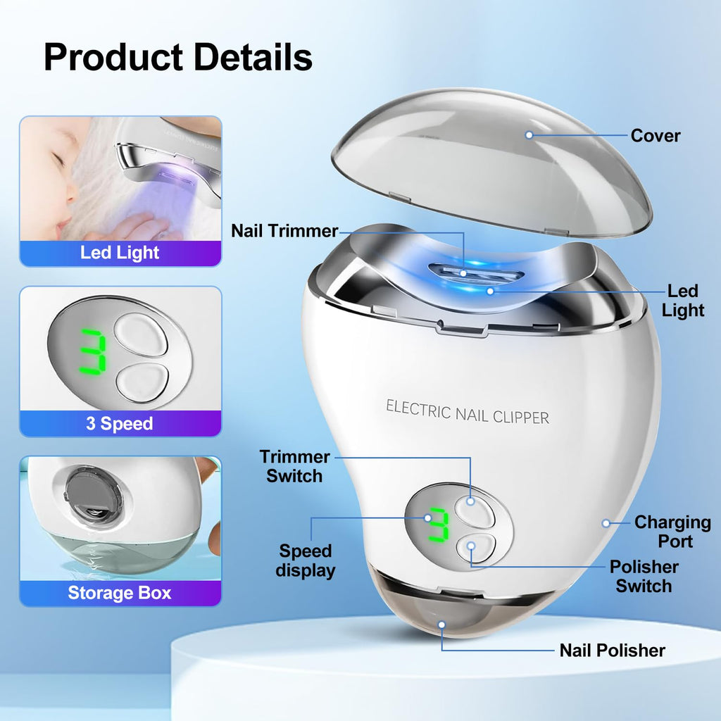 Yibosoar Electric Nail Clipper with LED Light & 3 Speeds, Fingernail Cutter and Polisher 2 in 1 Design, Nail Scraps Storage Rechargeable Safety Fingernail Trimmer for Baby Seniors and Adult