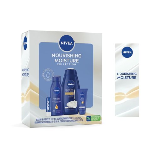 NIVEA Skin Care Set - Nourishing Body Wash, Moisturizing Lotion & Lip Balm | 4-Piece Gift Set for Her