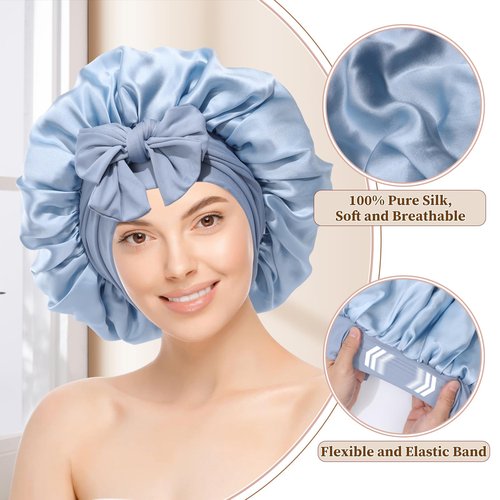 HAIMEIKANG Double-Sided 100% Mulberry Silk Bonnet & Shower Cap for Women - Premium Silk Sleep Cap for Hair Care - Comfortable & Stylish for Everyday Use and Travel