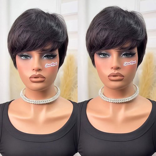 showreal Pixie Cut Wig Human Hair for Black Women Short Pixie Cut Wigs Natural Looking 100% Real Human Hair Wigs Natural Black Glueless Pixie Wigs with Bangs (9149-1B)