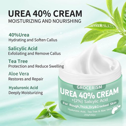 Grocerism Urea Cream 40 Percent For Feet Plus 2% Salicylic Acid 8.82 oz || Foot Cream and Hand Cream Maximum Strength with Hyaluronic Acid, Tea Tree,and Aloe Vera for Deep Moisturizes, Callus Remover