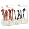 Vevitts Acrylic Makeup Organizer, Clear Cosmetic Brush Storage Box With 4 Brush Holders (Pearl not included),Makeup Brush Holder with Dust Cover, Large-capacity Split Design Organize the Desktop