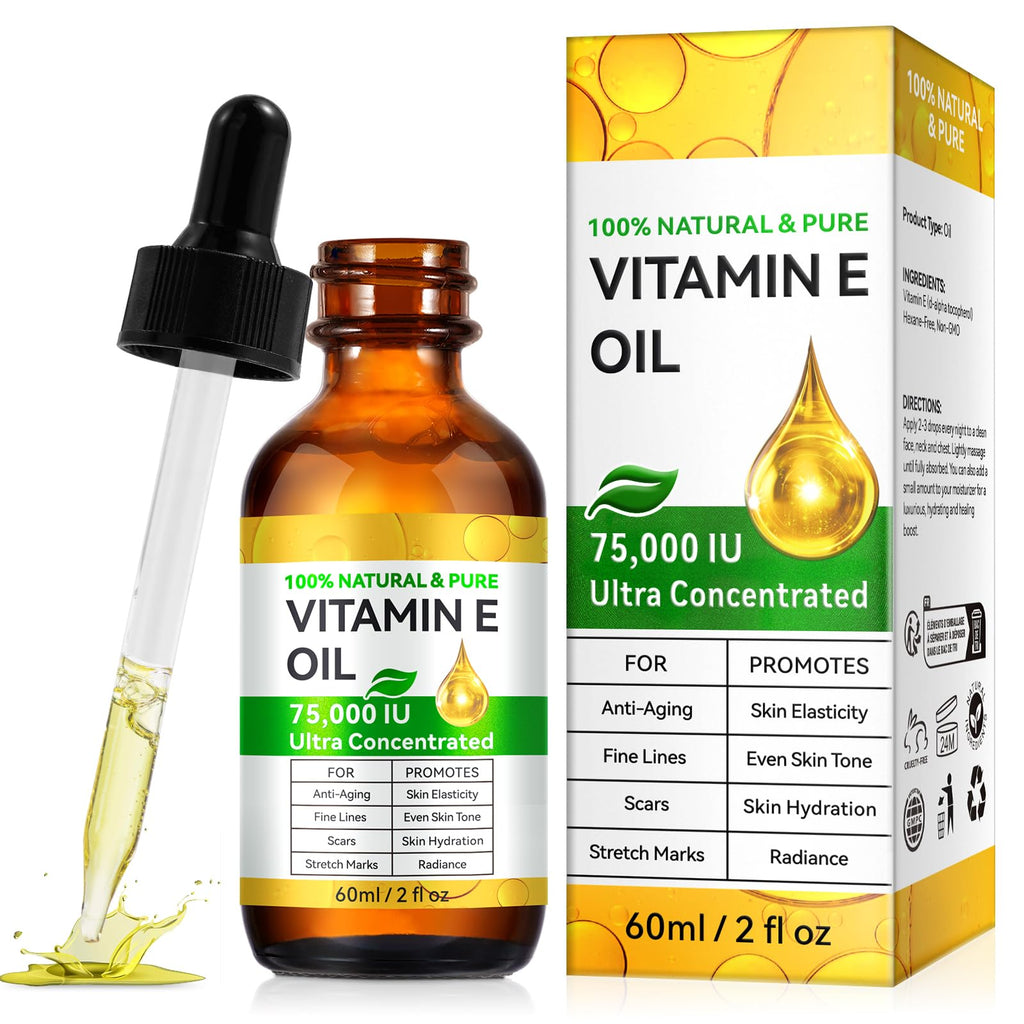 Vitamin E Oil 75,000 IU, Vitamin E Oil for Skin, Scars, Face & Full Body, Moisturize Dry Skin and Radiant Skin, Body Bath Oils, Organic Pure Easy to Absorb