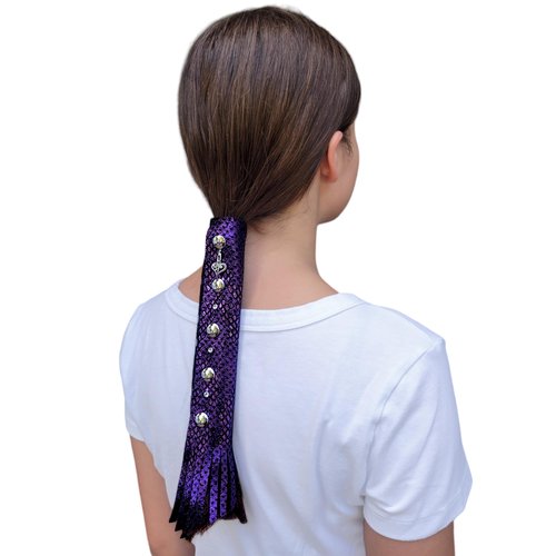 PURPLE Glitter Leather Hair Wrap 6" inch to 22" inch - Handmade Ponytail Sleeve Long Hair Protector Saver | Colorful Bike Hair Tie Motorcycle Helmet Accessory Fringe & Crystals | Made in USA (8 inch)