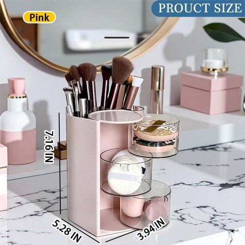 Azurphoric Hair Accessories Organizer with Hair Brush Holder, Rotatable Makeup Brush Holder for Necklaces, Earring, Bracelet, Ring, Makeup Brushes, Hair Clip and Hair Accessories (Pink, 3-Layer)