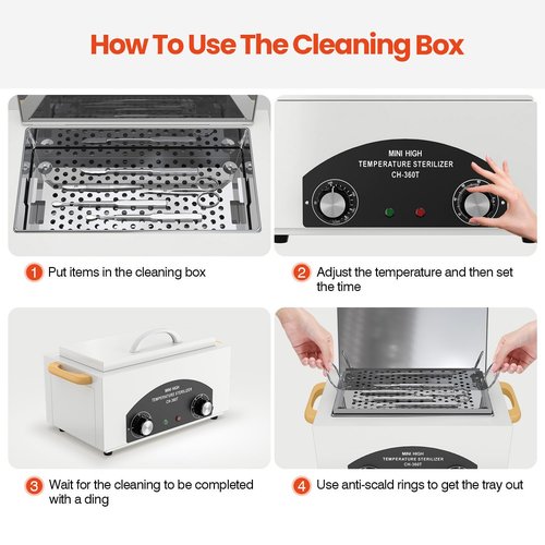 High Temperature Metal Tool Cleaner Machine, 2L Dry Heat Cleaning Box with Temperature & Time Setting, Cleaning Cabinet with Handle, for Beauty Salon, Barber Shop, Lab, Dental, Home, Restaurant, White