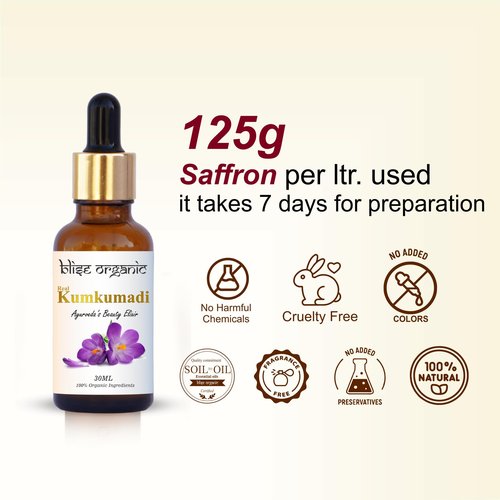 Blise organic Real Kumkumadi oil - 100% Pure and Natural, Chemical Free, Serum Face Oil, Made with Potent and Rare 30 wild Herbs, Enriched with Saffron and sandalwood and, Non GMO