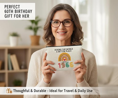 DMZIY 60th Birthday Gifts for Women, Funny 1966 Makeup Bags 60th Birthday Decorations for Her, 60 Year Old Gift Ideas for Mom, Wife, Sister, Grandma, Mothers Day Cosmetic Travel Bag (Rainbow-1966)