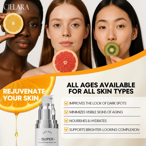 CIELARA Super Vitamin C Serum, 20% Vit C Anti Aging & Wrinkle Retinol Face Serum With Hyaluronic Acid, Vitamin E, Caffeine, Peptides For Women Face Fine Lines Wrinkle Brightening - 1 Fl Oz