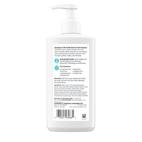 Neutrogena Ultra Gentle Cream to Foaming Face Wash for Sensitive Skin, Fragrance-Free Gentle Facial Cleanser, Hypoallergenic Skin Care, Non-Comedogenic Makeup Remover, 8.5 oz