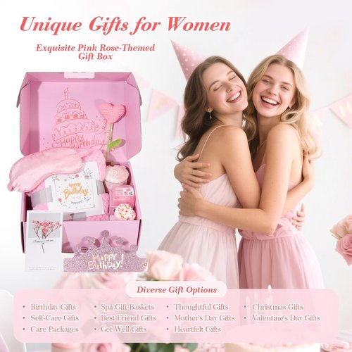 Birthday Gifts for Women Happy Birthday Gift Basket Unique Pink Birthday Gift Box for Women Relaxing Spa Self Care Gifts with Blanket for Mom Her Wife Grandma Girlfriend Coworker