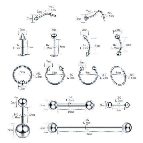 ChiMunllin 120PCS Body Piercing Kit Surgical Steel 14G 16G 20G BCR CBR Labret Lip Rings Cartilage Daith Earrings Nose Septum Nose Studs Belly Button Rings Jewelry Needles Gloves Clamps Tools
