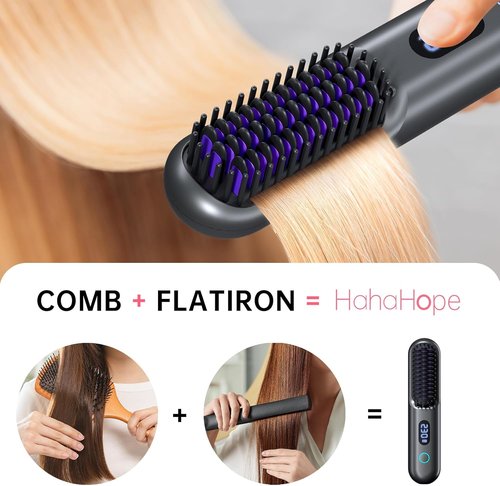 Skiennix Cordless Hair Straightener Brush - Portable Comb with 9600mAh Battery, Plasma Tech, 9 Temp Settings | Grey