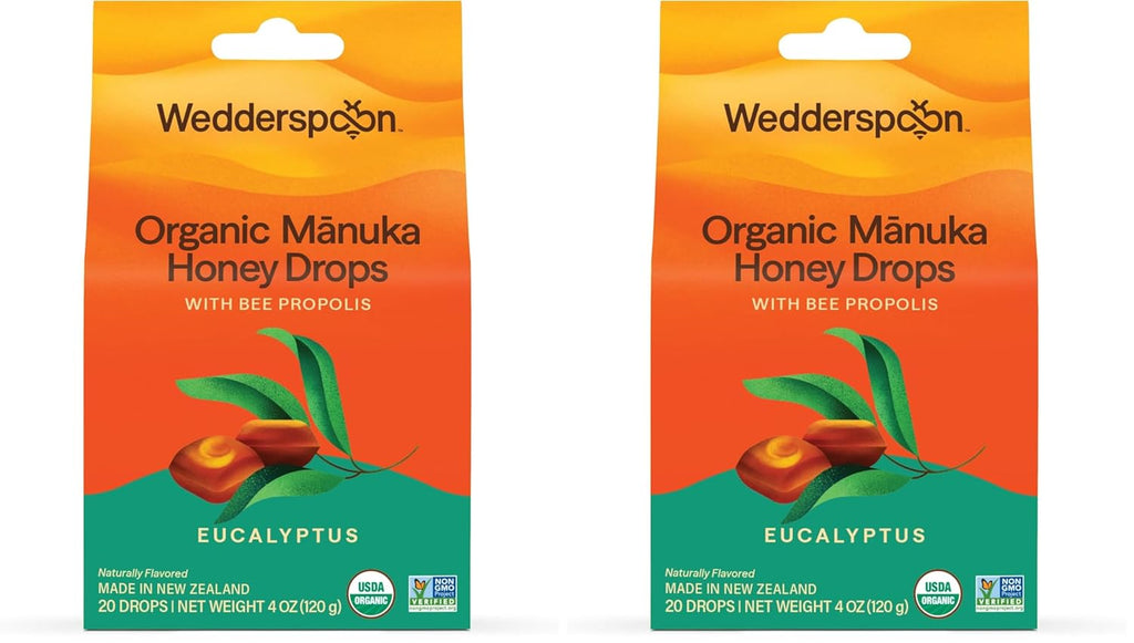 Wedderspoon Organic Manuka Honey Drops - Eucalyptus & Bee Propolis, 20 Count (4oz) | Soothing Remedy for Dry Throats - Pack of 2