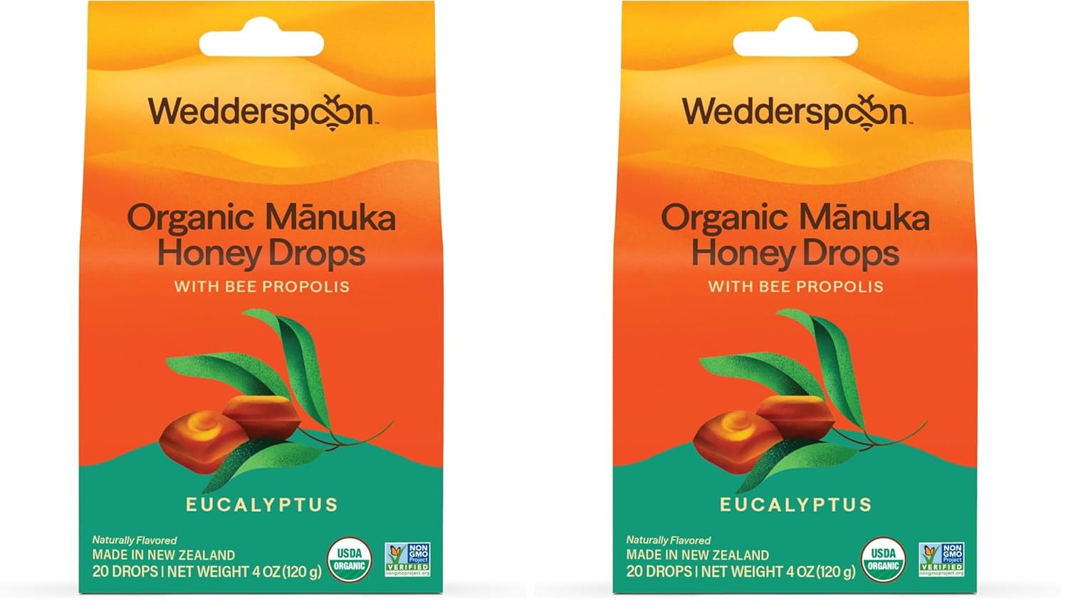 Wedderspoon Organic Manuka Honey Drops - Eucalyptus & Bee Propolis, 20 Count (4oz) | Soothing Remedy for Dry Throats - Pack of 2