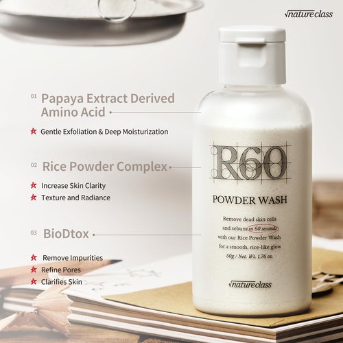 NATURECLASS R60 Rice Enzyme Face Wash Powder – Exfoliating Facial Cleanser with Rice Bran Extract, Gentle Powder Wash for Sensitive Skin, Deep Pore Care, Korean Skin Care, Fragrance Free, 1.76oz