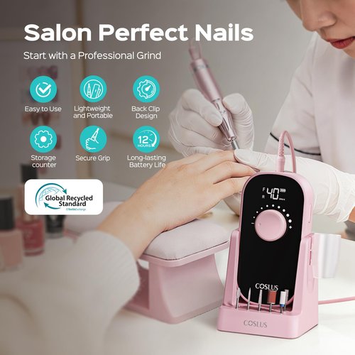 COSLUS E51 Electric Nail Drill Professional: 40000 RPM Rechargeable Nail File with Stand for Acrylic Nails, Stable & Smooth Grinding, Easy to Use, Ideal for Women Beginners, Home DIY and Salon Pink