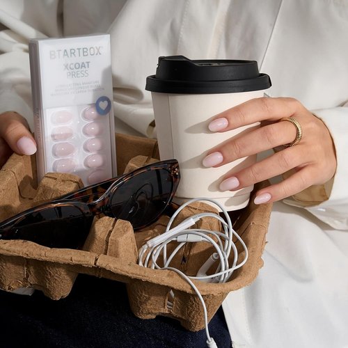 BTArtbox Press On Nails - Almond Power Calm, 4-Week Wear, Nude Pink, Extra Short | 32 Nails, Easy Application Kit