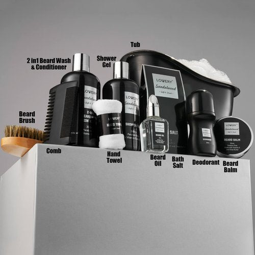 Gifts for Men, Valentines Day Gifts for Him Body And Wash Gift Set Beard Kit and Body Care, Sandalwood Spa Baskets, Bath and Beard Grooming Kit, for Husband, Dad, Beard Balm Growth Oil