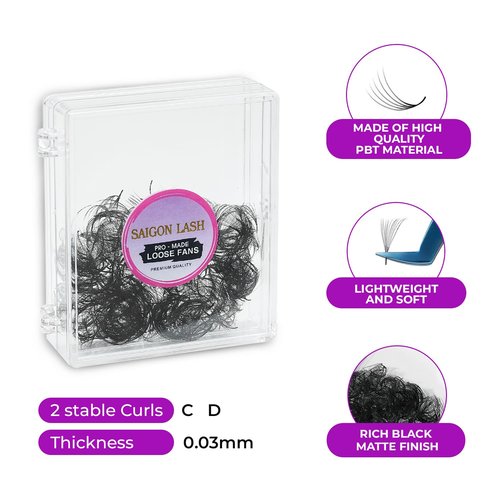 SAIGON LASH 500 pcs Narrow Promade Loose Fans – 10D Volume 0.07 C Curl, 8–19 mm Mixed Length, Matte Black Handmade Lash Extensions, Thick Wispy Lashes for Pros (Black-D-0.03-13mm)