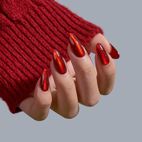 BTArtbox Press On Nails Almond - Deep Red Sparkly Press On Nails with Glue for Women, Glossy Soft Gel Glue On Nails in 15 Sizes - 30 Stick On Nails Kit for Christmas, Mystic Ruby