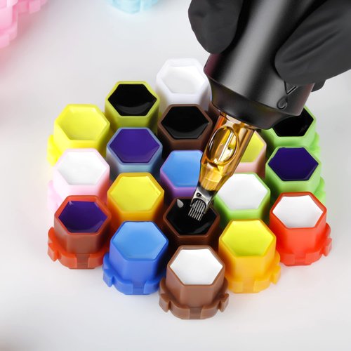 Linetion Tattoo Ink Caps Cup for Tattooing Honeycomb Shape Spliceable Anti-Rollover Spill,Eco-Friendly Non Fade Material,Large Inner Size 0.63 * 0.75 inch(W*H),200pcs Pack (Mix Color)