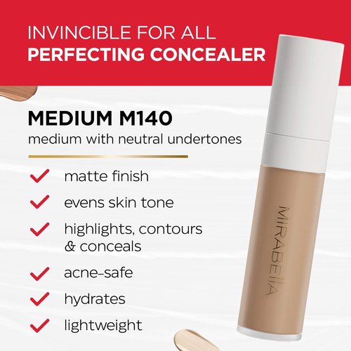 Mirabella Invincible Under Eye Concealer - Full Coverage Hydrating Formula for Dark Circles & Fine Lines | Medium M140