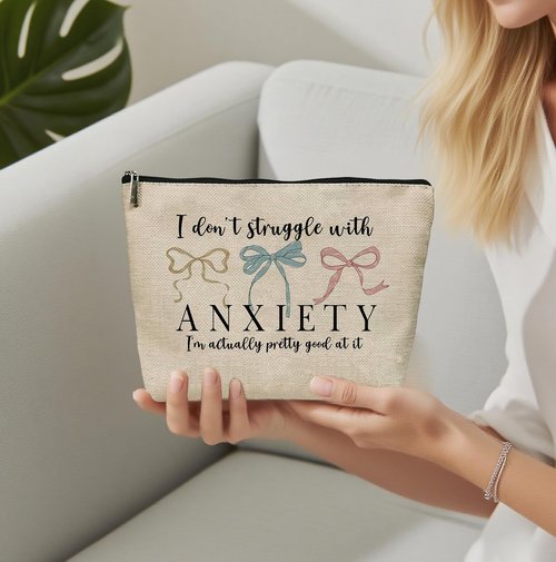 Nihilform Funny Makeup Bag, Humor Anxiety - Themed Makeup Bag，“I Don’t Struggle with Anxiety” Funny Design，Gift for Mental Health Advocates, Self - Care & Relatable Humor, 10x7 Inch Khaki