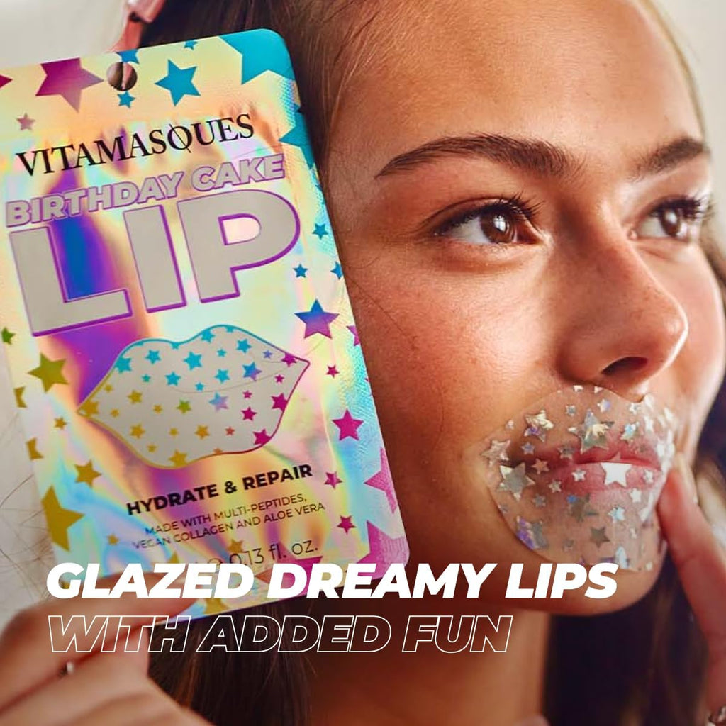 Vitamasques Lip Mask | 3-Pack Birthday Cake Collagen Sheets for Hydration & Repair - Vegan & Cruelty-Free