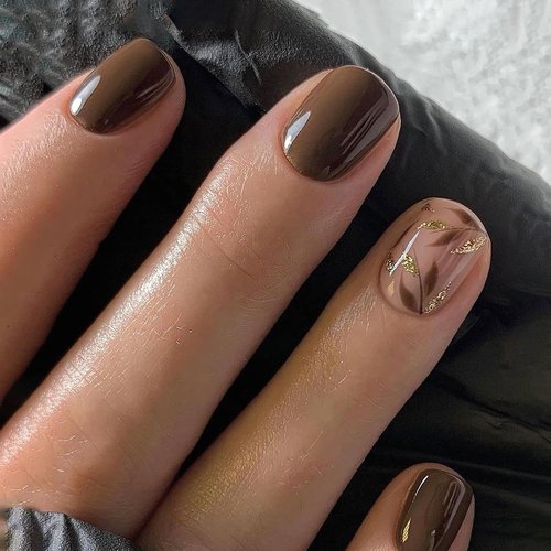Skiennix Dark Brown Press-On Nails - Short Square Soft Gel with Gold Leaf Accents & Glitter | 30PCS Reusable Kit