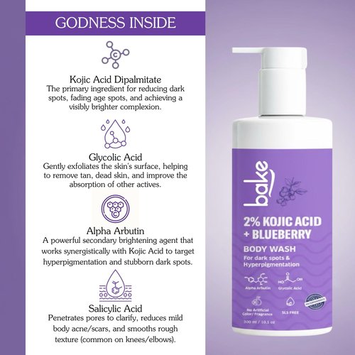 BAKE 2% Kojic Acid Body Wash for Pigmentation & Tan Removal with Glycolic Acid & Alpha Arbutin | For Dark Knees & Elbows | Dark Spots & Sun Damage | 250ml