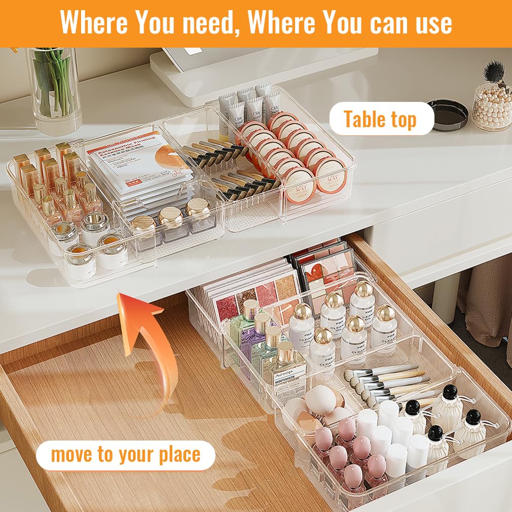 Wi4you Expandable Drawer Organizer Tray from 11” to 19.1”, Adjustable Silverware in Drawer Holder, Clear Plastic Drawer Storage with Sliding Dividers for Utensil, Cosmetics, Toiletries, Offices