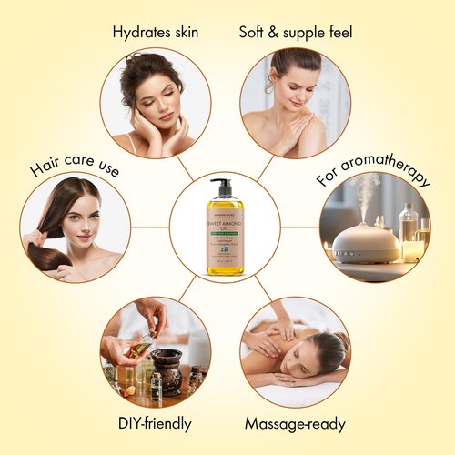 Majestic Pure Sweet Almond Oil 8 Fl Oz - 100% Pure Cold Pressed & Hexane Free Natural Carrier Oil for Skin, Hair and Body - Moisturizing Skin, Hair and Scalp