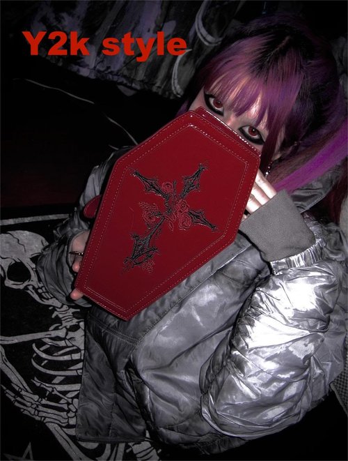 RRISETAG Goth Makeup Bag PU Leather Coffin Bag Halloween Purses Goth Purse Coffin spooky purses for women red y2k purse