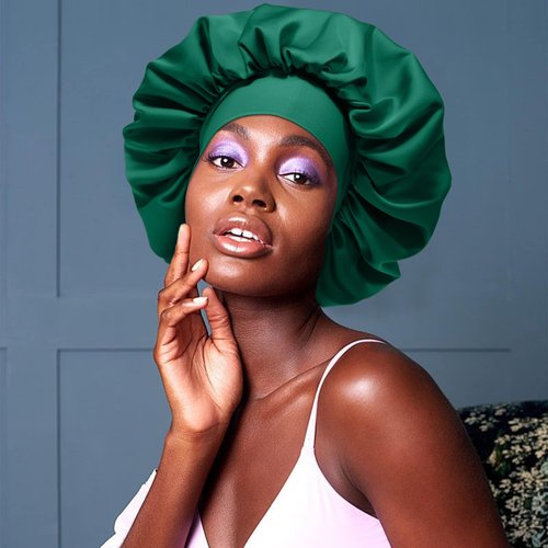 AWAYTR Satin Bonnet for Women Tie Band Hair Bonnet Large 2 Layered Silk Sleeping Cap Nightcap with 3PCS Hair Scrunchies (Green)