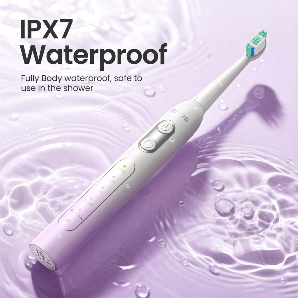 YUNCHI Electric Toothbrush Birthday/Valentine Plastic 8 Heads 24-Mo Deep Cleans Gentle Gums Removes Stains 3Hr USB-C 90d 2-Min Timer/30s IPX7 - Purple