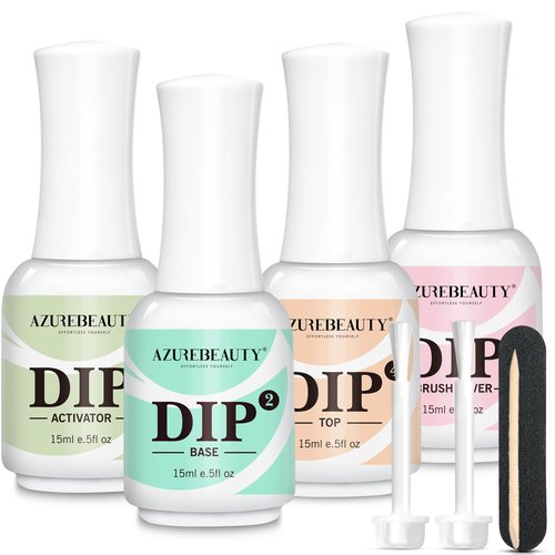 AZUREBEAUTY 4+4pc Dip Powder Liquid Set, 15ml/0.5oz, with Base/Top Coat, Activator, Brush Saver, Nail File– Fast Drying Formula, No UV Light Needed ﻿