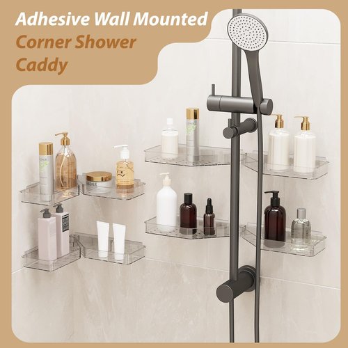Skiennix Corner Shower Caddy - Wall Mounted Acrylic Shelf with Adhesive Tapes & Drainage Holes | No Drilling, Adjustable Angles