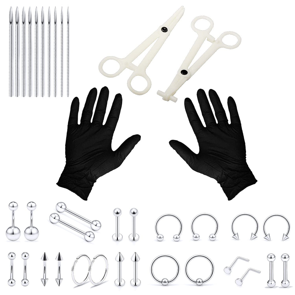 Vsnnsns 316L Surgical Steel Body Jewelry Piercing Kit with 12G-20G Needles for Nose, Septum, Lip, Tongue, Belly, Eyebrow, Rings, Ear Piercing - Silver