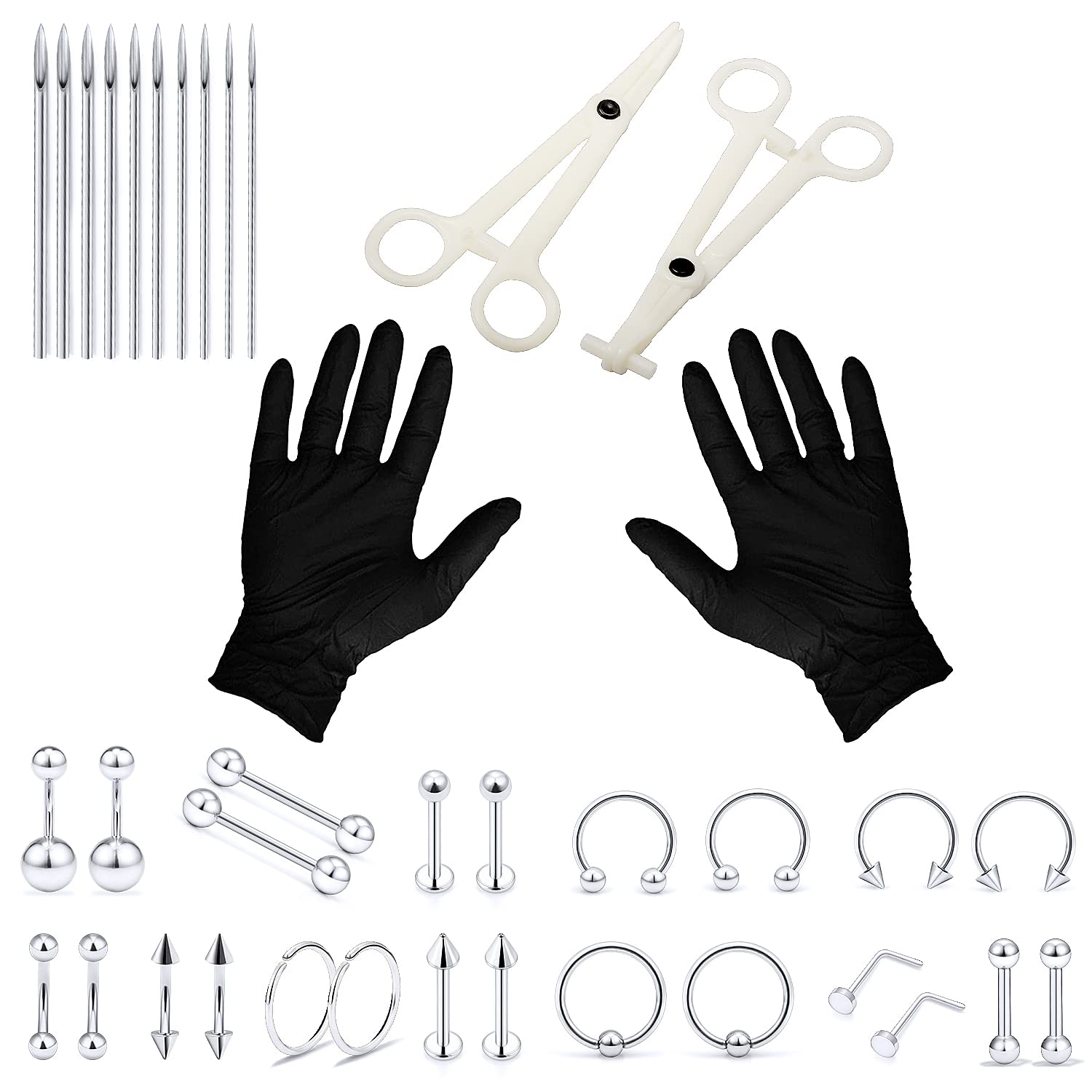 Vsnnsns 316L Surgical Steel Body Jewelry Piercing Kit with 12G-20G Needles for Nose, Septum, Lip, Tongue, Belly, Eyebrow, Rings, Ear Piercing - Silver