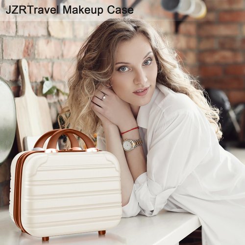 JZRTravel 14 inch Hard Shell Makeup Train Case Portable PC ABS Mini Suitcase for Organizer Cosmetics Makeup Brushes Toiletry Beige