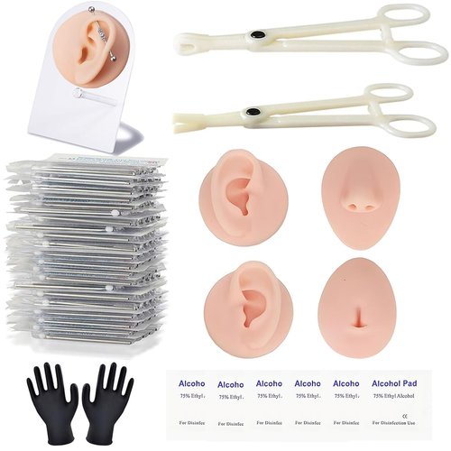 Piercing Kit Silicone Model Body Part Displays, 39 Body Piercing Kit,25Mixed 12G 14G 16G 18G 20G Ear Nose Piercing Needles 2 Piercing Clamps 6 Clean Tools 2 Gloves Soft Fake Nose Navel Ear 5D Model