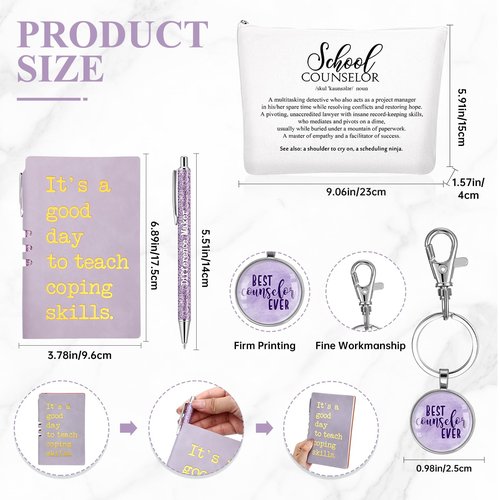 Sunnychicc 5 Pcs School Counselor Must Have for Women 16oz Glass Cup Makeup Bag Leather Notebook Pen Keychain Thank You Gift for School Counseling Week Guidance Teacher Appreciation(Purple)